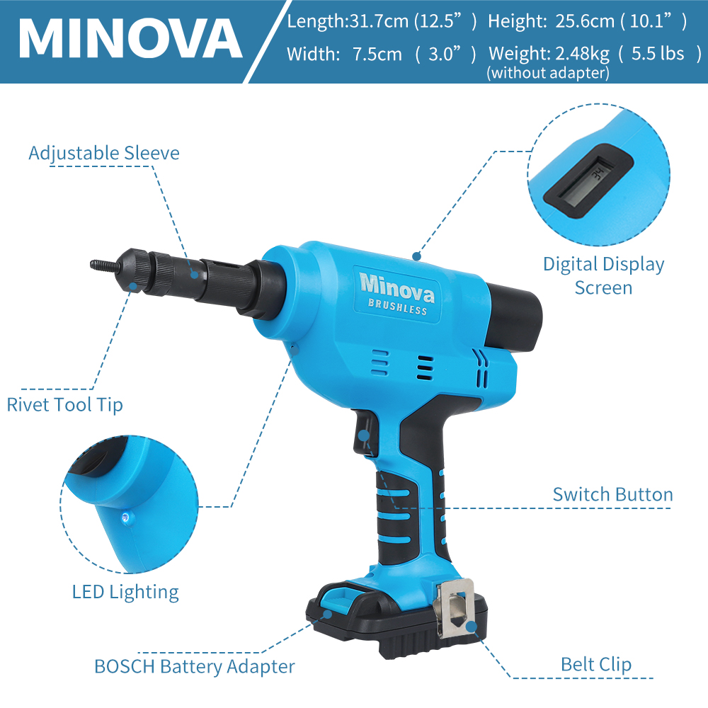MINOVA Electric Cordless Brushless KD-04X Rivet Nut Tool Kit With Battery Adaptor
